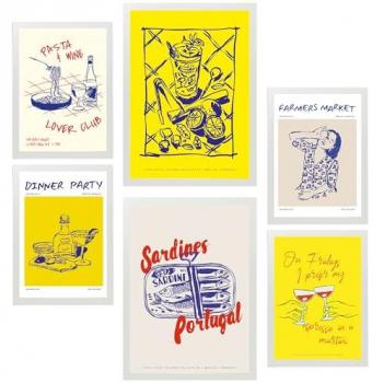 Set de 6 Pósters Pop Art de Alimentos y Comida en Amarillo para Decoración de Paredes - Tamaños A3 y A4 Sin Marco