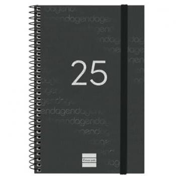 Agenda Finocam Espiral Year 2025, tamaño 11,7 x 18,1 cm, semana vista horizontal, color negro, incluye enero a diciembre de 2025