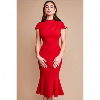 Goddiva Pleated Shoulder High Neck Midi Dress - Red