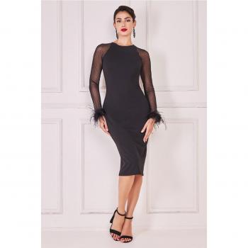 Goddiva Racer Neck Scuba Crepe Feather Sleeve Midi Dress - Black