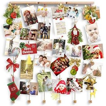 Love-KANKEI® Marco de pared con soporte de imagen de cuerda con 30 pinzas pequeñas Color de madera natural Decoración de hogar encantadora regalo de aniversario de Navidad