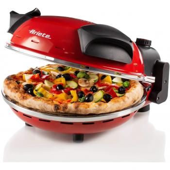Ariete 909 - Mini horno para pizza en 4 minutos, 1200 W, 5 niveles temperatura, diámetro 33 cm, regulador de tiempo 30 minutos y temperatura, indicador luminosos encendido/apagado, color rojo negro