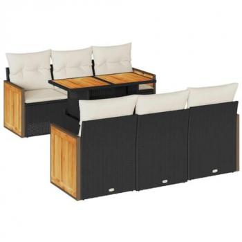 7-Piece Black Poly Rattan Garden Sofa Set with Cushions and Acacia Wood