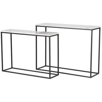 Set de 2 Consolas de Metal y Mármol, Blanco/Negro, 100x30x75 cm y 91x26x66 cm