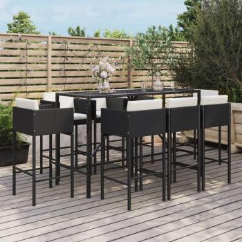 9-Piece Black PE Rattan Garden Bar Set with Cushions