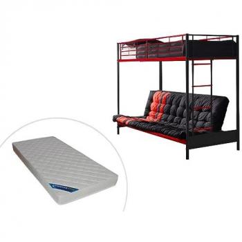Cama alta 90 x 190 cm - Con banco convertible - metal - Negro y rojo + Futón + colchón - MODULO V