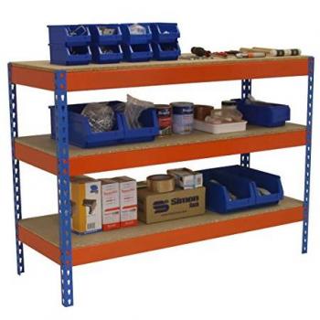 Mesa de Trabajo Simonwork Basic 3 - Azul/Naranja/Madera, Carga Máxima 400 kg, Dimensiones 900x2100x450 mm, Alturas Ajustables
