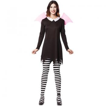 Disfraz de Vampirita para mujer - Incluye vestido negro con detalles rojos, capa larga, diadema con cuernos y medias a rayas