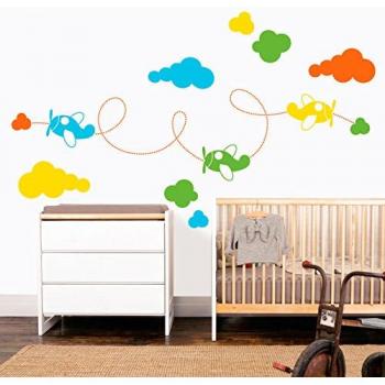 MYVINILO - Vinilo decorativo infantil - Airplanes / naranja / amarillo / verd...