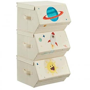 Juego de 3 Cajas de Almacenamiento para Juguetes - Diseño Espacial, Apilables y Plegables con Tapa Magnética, Habitación Infantil y Cuarto de Juegos, Beige