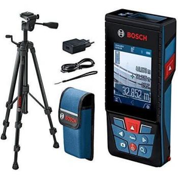 Bosch Professional Medidor láser de distancia GLM 120 C, cámara integrada, transmisión de datos Bluetooth, distancia hasta 120 m, cable micro USB, cargador, correa de transporte, funda, trípode BT 150