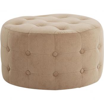 Puf Redondo de Terciopelo Beige con Botones Capitonné 55 x 30 cm, Estilo Glam y Reposapiés Mullido