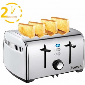 Brewsly Tostadora, 1700W, Tostadora de 4 Ranuras con 7 Funciones Ajustables, utensilios cocina acero inoxidable,Bandeja de Migas Extraíble, Modo Descongelar, Plata