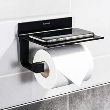 Wangel Portarrollo para Papel Higiénico, Pegamento Patentado + Autoadhesivo, Aluminio, Acabado Mate, Negro