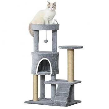 PawHut Árbol Rascador para Gatos Mediano de 5 Niveles con Plataformas, Nido, Postes de Yute, Escalera y Bola Colgante en Gris