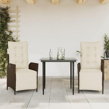 Set comedor de jardín 3 piezas con cojines de ratán sintético marrón