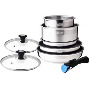 Batería de Cocina Arthur Martin 8 Piezas - Conjunto de panelas de acero inoxidable, aptas para todo tipo de cocinas, incluye 4 ollas con tapa y 4 sartenes, diseño ergonómico,