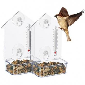 Set de 2 Comederos para Aves de Ventana, con Termómetro y 2 Ventosas, Transparente - Relaxdays