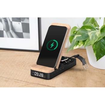 Reloj Despertador Plegable 3 en 1 Thomson C850I - Cargador Inducción Compatible con Android y Apple, USB-C, Brillo Ajustable, Color Madera y Negro