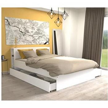 Cama con cabecero con compartimentos y cajones 160 x 200 cm - Blanco + Somier - EUGENE