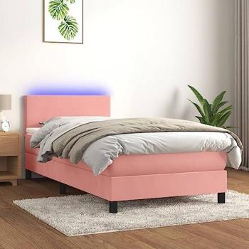 Cama Box Spring con Colchón y LED, Terciopelo Rosa, 90x190 cm
