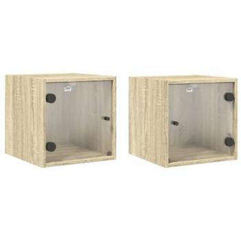 Mesitas de noche con puertas de vidrio, 2 piezas, roble Sonoma, 35x37x35 cm