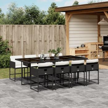 Set de comedor de jardín 9 piezas con almohadas negras en Polyrattan