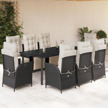 9 Piece Black Poly Rattan Garden Dining Set with Cushions