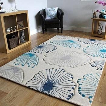 Moderno tapete para salón de estar, estampado de diente de león, azul y gris claro - 180 cm x 270 cm