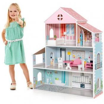 3-Tier Wooden Dollhouse for Kids with Furniture - Toddler Playset Gift for Ages 3+