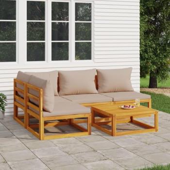 Set de muebles de jardín 5 piezas con almohadas de antorcha en madera maciza y cojines gris taupé