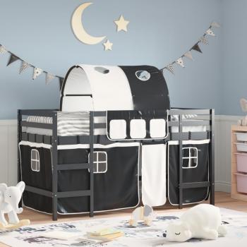 Cama loft para niños con túnel de madera de pino en color blanco y negro, dimensiones 80x200 cm
