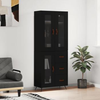 Aparador Alto Moderno Negro 69,5x34x180 cm de Madera Contrachapada con 1 Puerta de Cristal y 3 Cajones - Mueble de Almacenaje para Salón