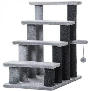 Escalera para Gatos PawHut de 4 Escalones con Poste Rascador y Bola Colgante, Dimensiones 60x40x64 cm, Color Gris