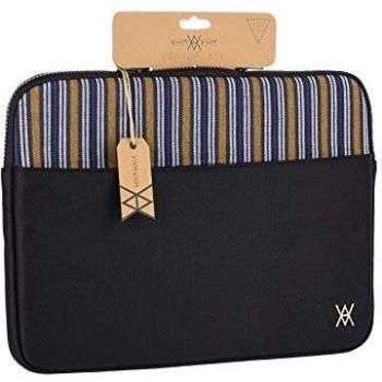 Wondee Funda de portátil de hasta 14 color Negro con franja decorativa de tela de colores de estilo étnico, Acolchada y Reforzada con Cremallera