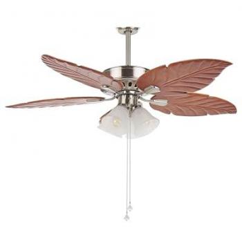 Ventilador de Techo Retro con Luz y Aspas Reversibles en Forma de Hoja de Madera, Metal Plateado Claro, Control de Velocidad por Cadena