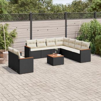 10-Piece Black Poly Rattan Garden Sofa Set with Cushions