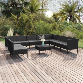 11-Piece Black Poly Rattan Garden Lounge Set with Cushions