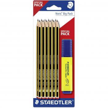 STAEDTLER Noris 120 BK12P1, Lápices de Madera Certificada, Paquete con 12 Lapiceros Hb y un Subrayador Amarillo 364-1, Multicolor