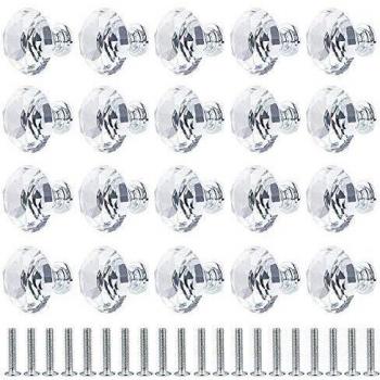 20 Piezas Pomo de cristal 30 mm perilla de puerta Forma de Diamante cajón Pomos Tiradores de Muebles Perilla de la Puerta con Tornillo para Armarios Cajones Cocina Gabinetes