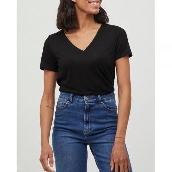 Camiseta Vila Noel manga corta cuello pico negra para mujer