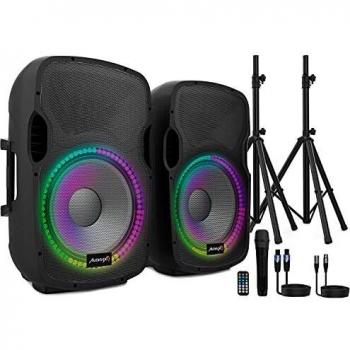 Audibax Party 215 - Set de 2 Altavoces Activo y Pasivo de 15 - Potencia de 500W - Altavoz Amplificado - Conexión USB/SD - Soporte + Cable + Micrófono Incluidos - Altavoz Bluetooth - Iluminación LED