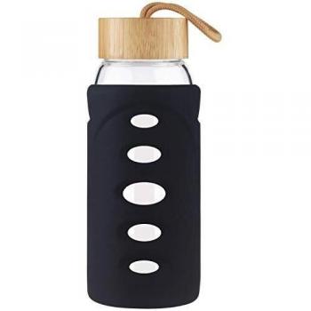Justfwater Botella de Agua de Borosilicato de 750ml, Botella de Agua de Vidrio con Funda de Silicona y Tapa de Bambú