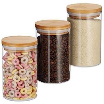 Set de 3 Tarros de Almacenamiento de Vidrio con Tapa de Bambú, 800 ml, Altura 16 cm, para Pasta, Café y Té