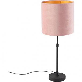 Lámpara de mesa negra con pantalla de terciopelo rosa y oro 25cm - Clásico/Antiguo, E27, Textil, Max. 60W