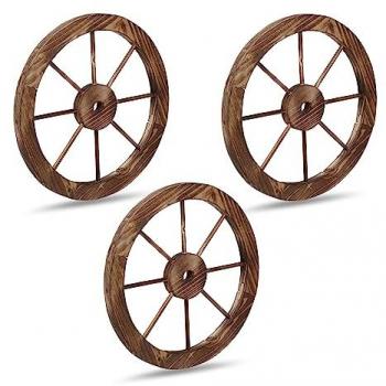 Juego de 3 Ruedas de Carro Decorativas de Madera, Adorno Rústico para Jardín, Terraza y Veranda - Marrón