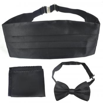TRIXES Conjunto Italiano Negro Aspecto Satinado Fajín Pajarita y Pañuelo