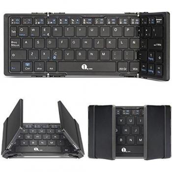 1byone Teclado Inalámbrico Bluetooth Tri-plegable Ultra-delgado,Mini Teclado Portátil Wireless para iOS, Android, Windows, PC, tabletas y Smartphone,QWERTY español,color Negro