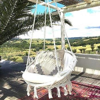 Mertonzo Silla Hamaca Colgante, Tejida con Cuerda de Algodón con Bordados de Tema Romántico Estilo Hamaca Tejida en Macramé para Interior/Exterior. Peso máximo de 120kg