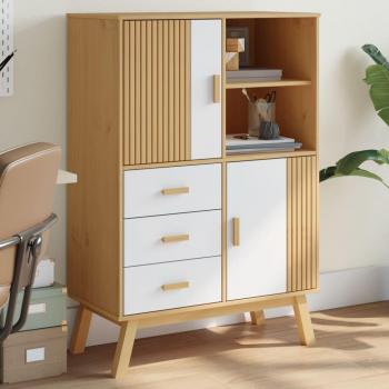 Aparador OLDEN de madera maciza de pino en color marrón y blanco, dimensiones 85x43x125 cm, mueble de almacenaje para salón, buffet, armario auxiliar y armario de almacenamiento